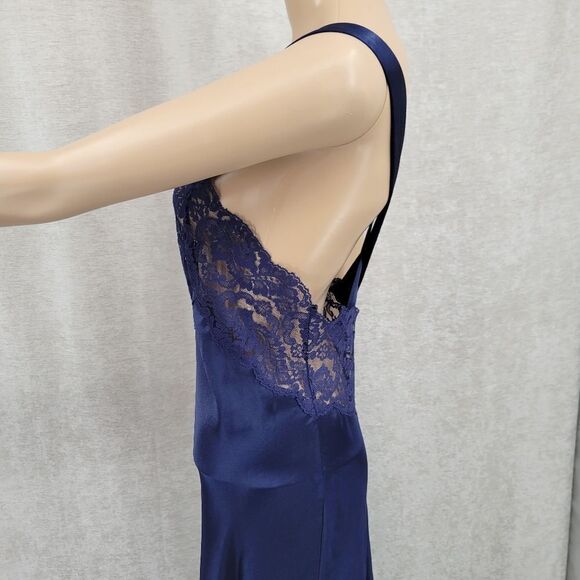 Vanity Fair Vintage Blue Satin Maxi Length Slip Dress Open Back Lace Panel Chest - Picture 7 of 13